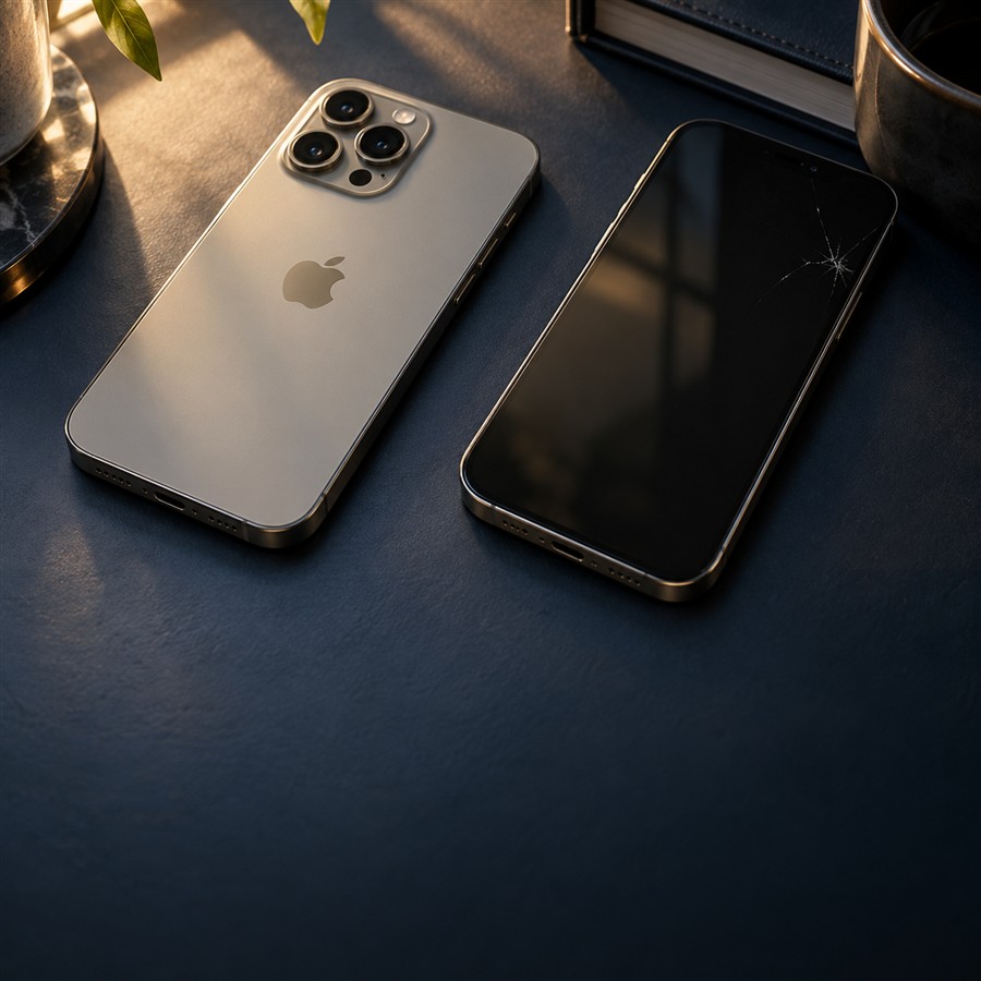 Symbolbild: zwei iPhones auf einem Schreibtisch, eines mit gesprungenem Display